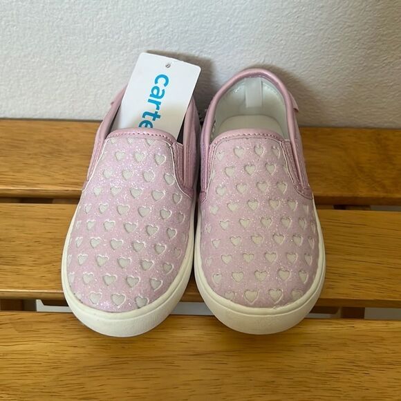 New Carters Tween 12 Glitter Hearts‎ Slip-On Shoes Toddler Sz 8 Pink Casual Cute - Picture 8 of 11